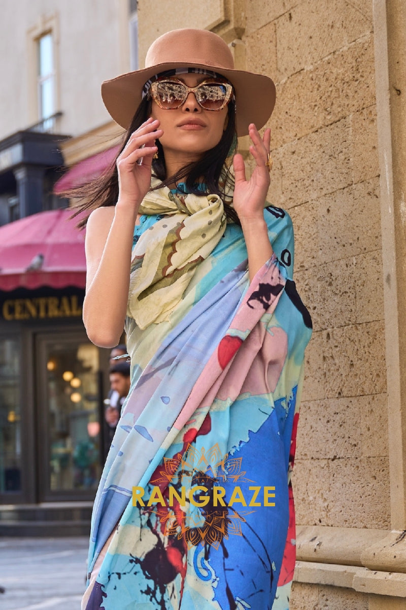 Indigo Blue Apex Pure Satin Silk Digital Print Saree