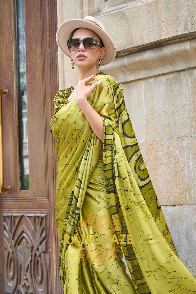 Rajwada Moss Green Satin Silk Printed Saree