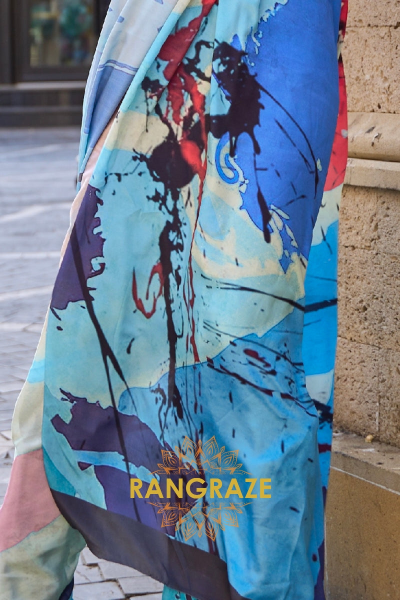 Indigo Blue Apex Pure Satin Silk Digital Print Saree