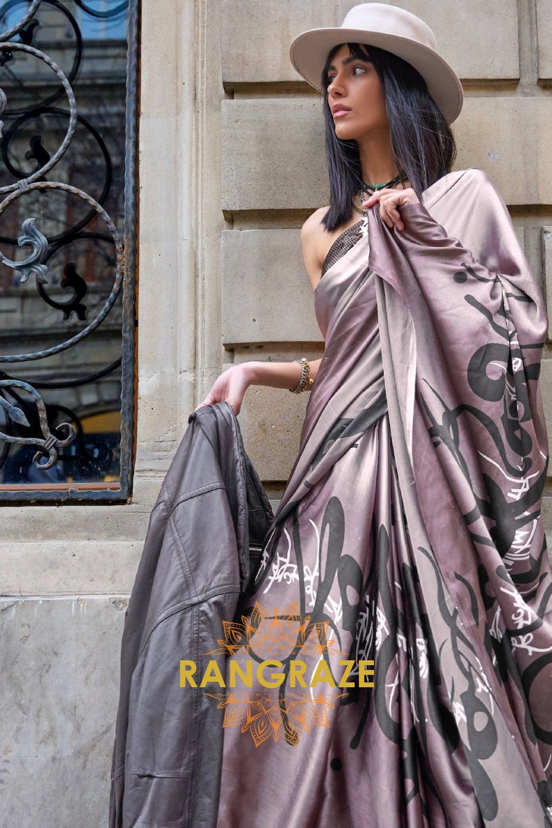 Sparkling Shaded Pink Soft Satin Silk Print Saree