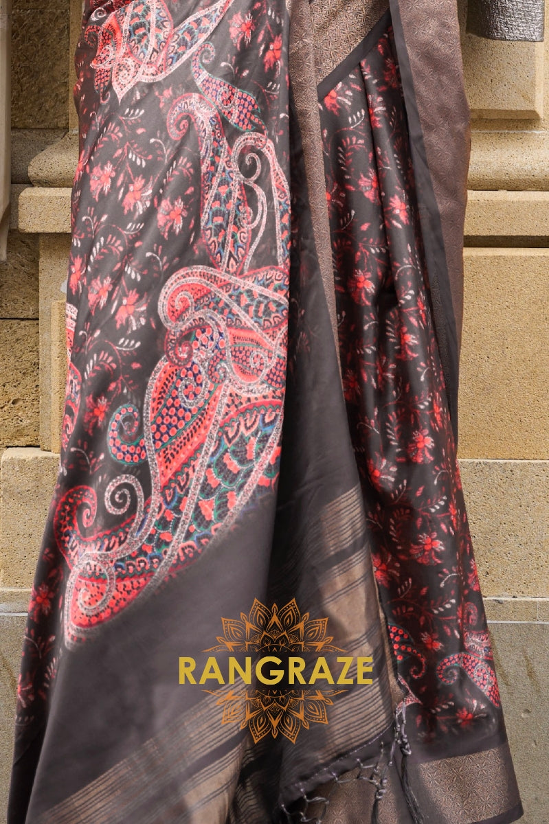 Brownish Black Floral Pure Gajji Silk Print Handloom Weaving