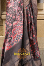Brownish Black Floral Pure Gajji Silk Print Handloom Weaving