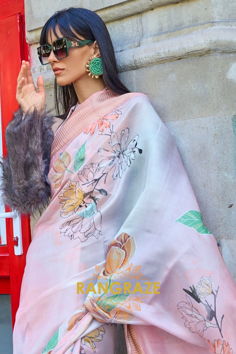 Orchid Baby Pink Floral Print Satin Organza Weaving Saree