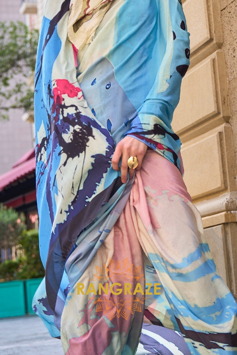 Indigo Blue Apex Pure Satin Silk Digital Print Saree