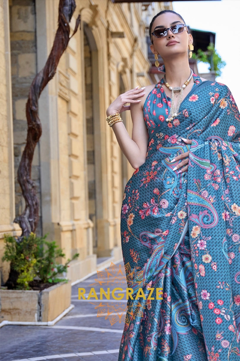 Stunning Aegean Blue Digital Print Satin Soft Silk Saree