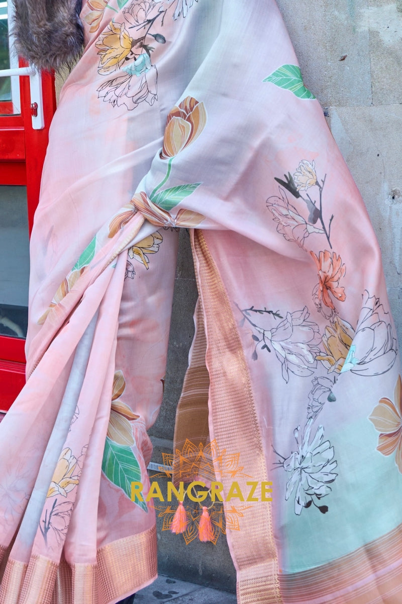 Orchid Baby Pink Floral Print Satin Organza Weaving Saree