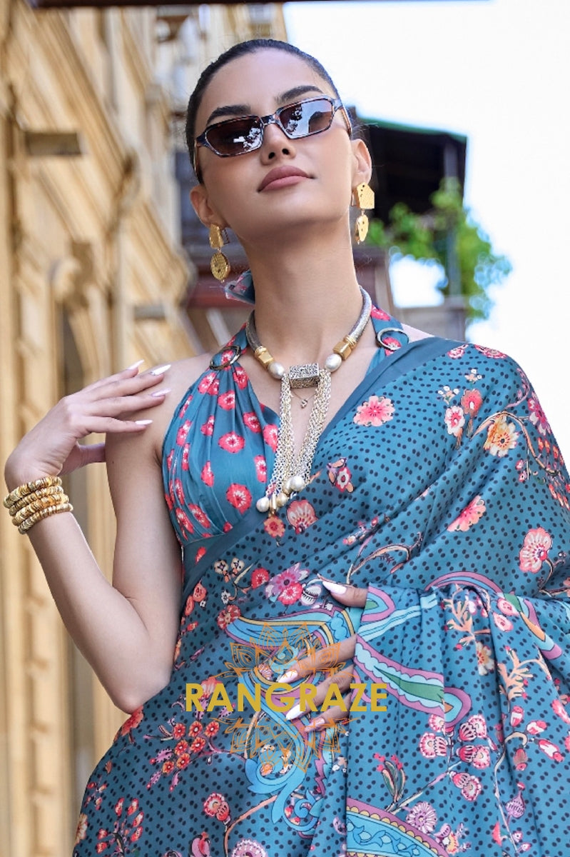 Stunning Aegean Blue Digital Print Satin Soft Silk Saree