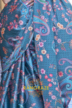 Stunning Aegean Blue Digital Print Satin Soft Silk Saree