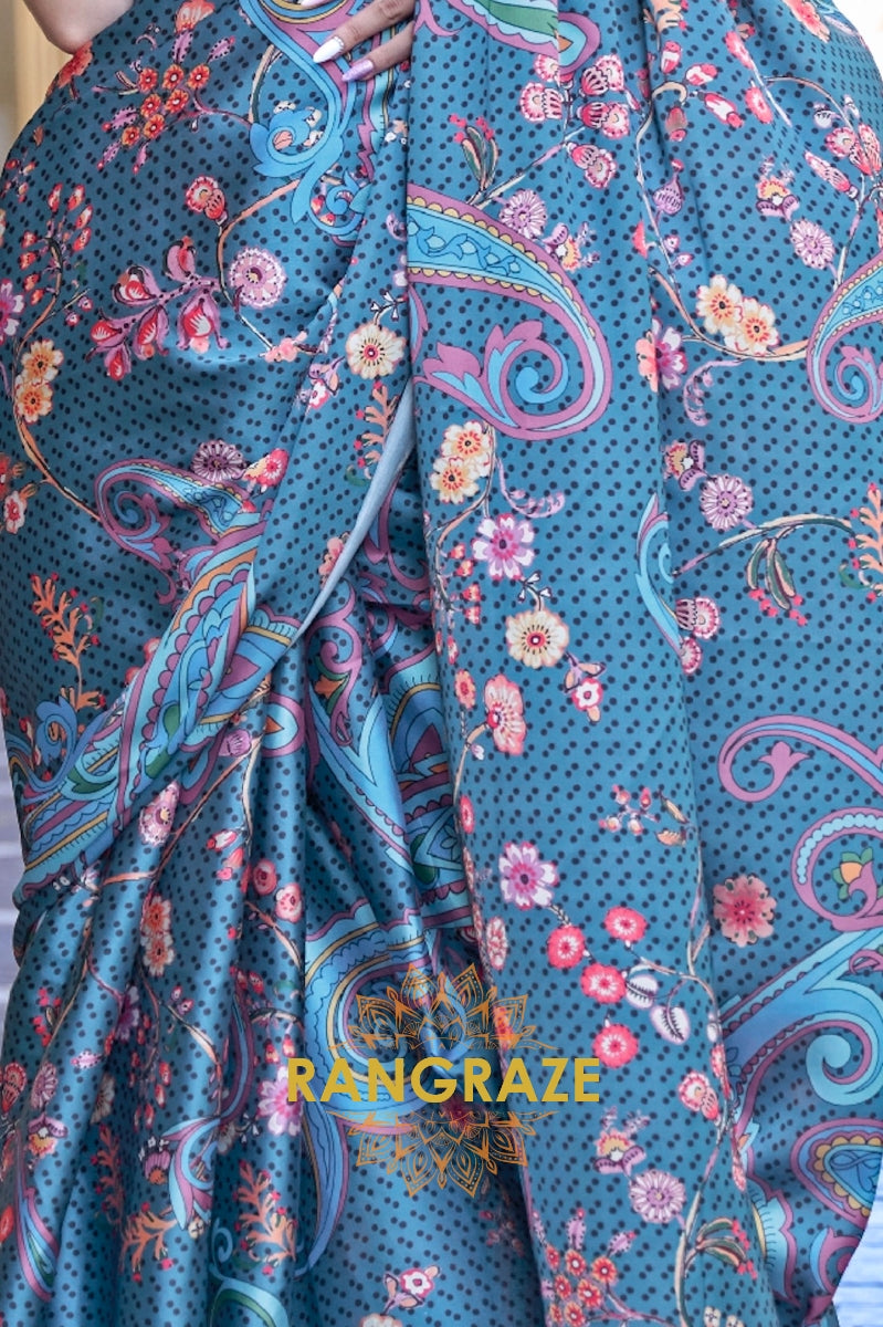 Stunning Aegean Blue Digital Print Satin Soft Silk Saree
