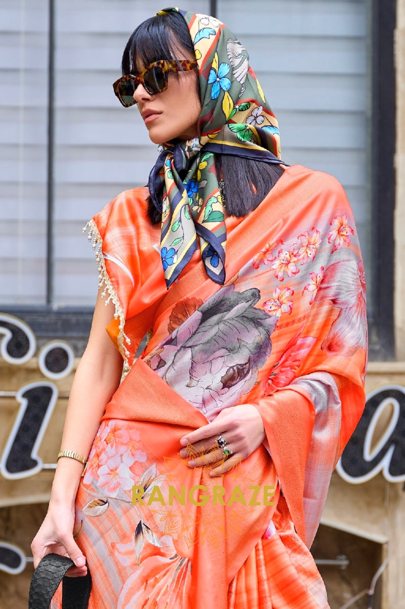 Peachy Orange Floral Pure Gajji Silk Print Handloom Weaving