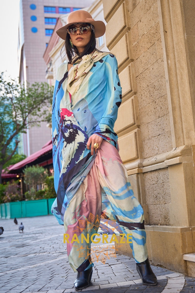Indigo Blue Apex Pure Satin Silk Digital Print Saree