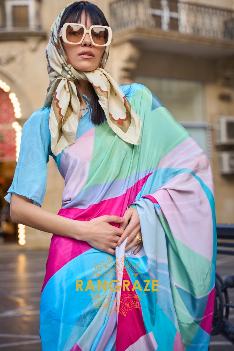 Azure Sky Blue Apex Pure Satin Silk Digital Print Saree