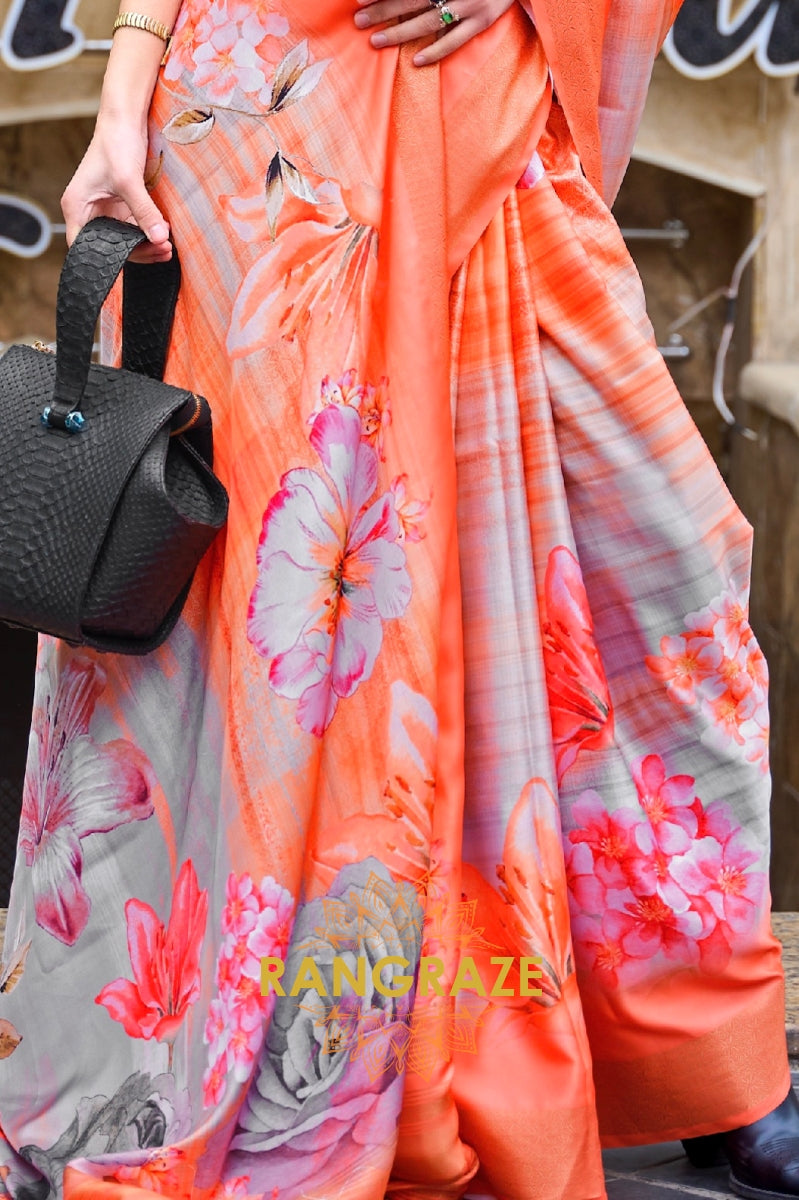 Peachy Orange Floral Pure Gajji Silk Print Handloom Weaving