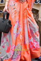 Peachy Orange Floral Pure Gajji Silk Print Handloom Weaving