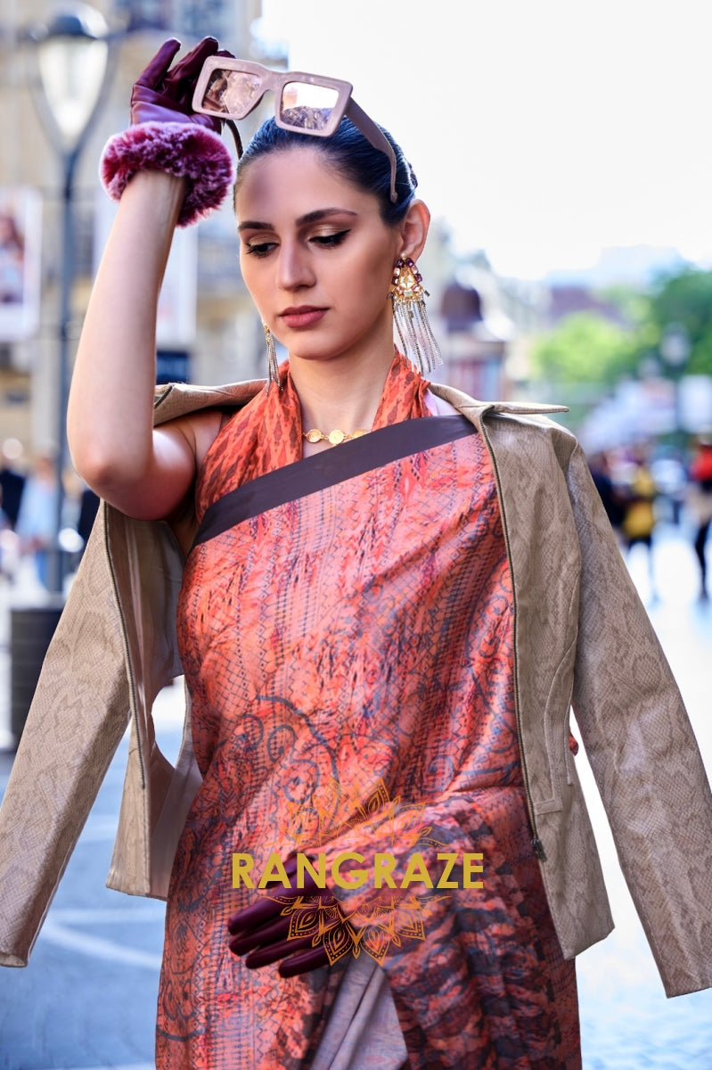 Stunning Peachy Orange Digital Print Satin Soft Silk Saree