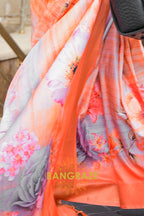 Peachy Orange Floral Pure Gajji Silk Print Handloom Weaving