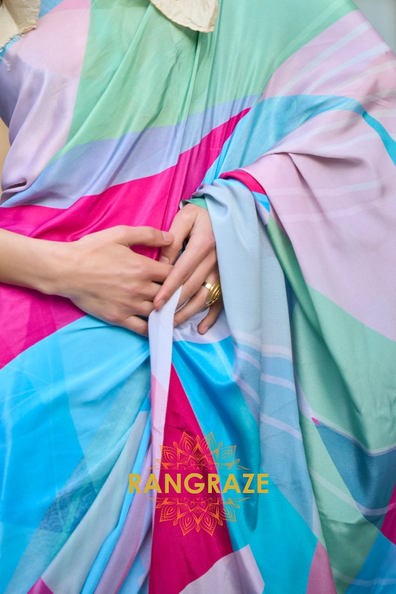 Azure Sky Blue Apex Pure Satin Silk Digital Print Saree
