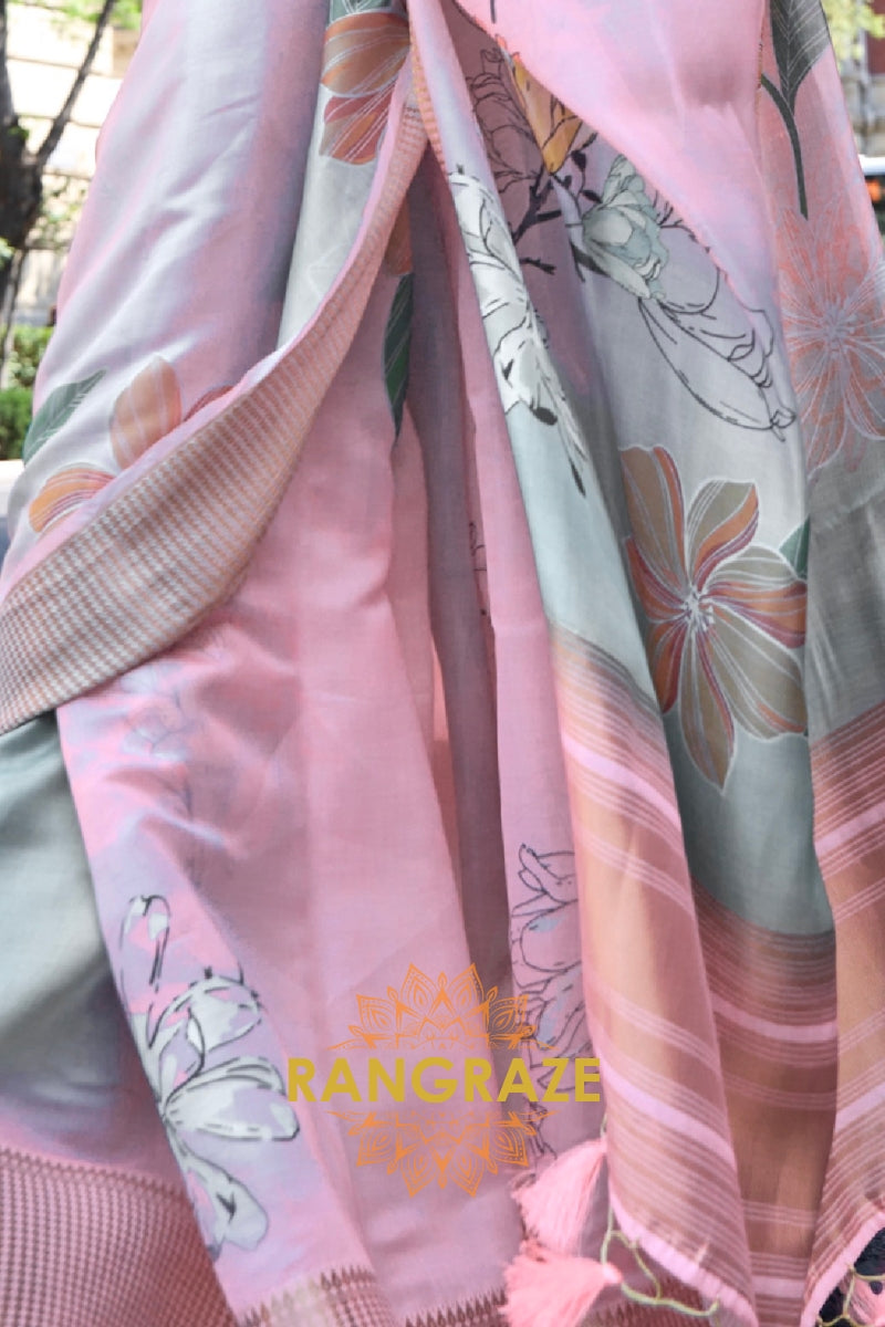 Orchid Baby Pink Floral Print Satin Organza Weaving Saree