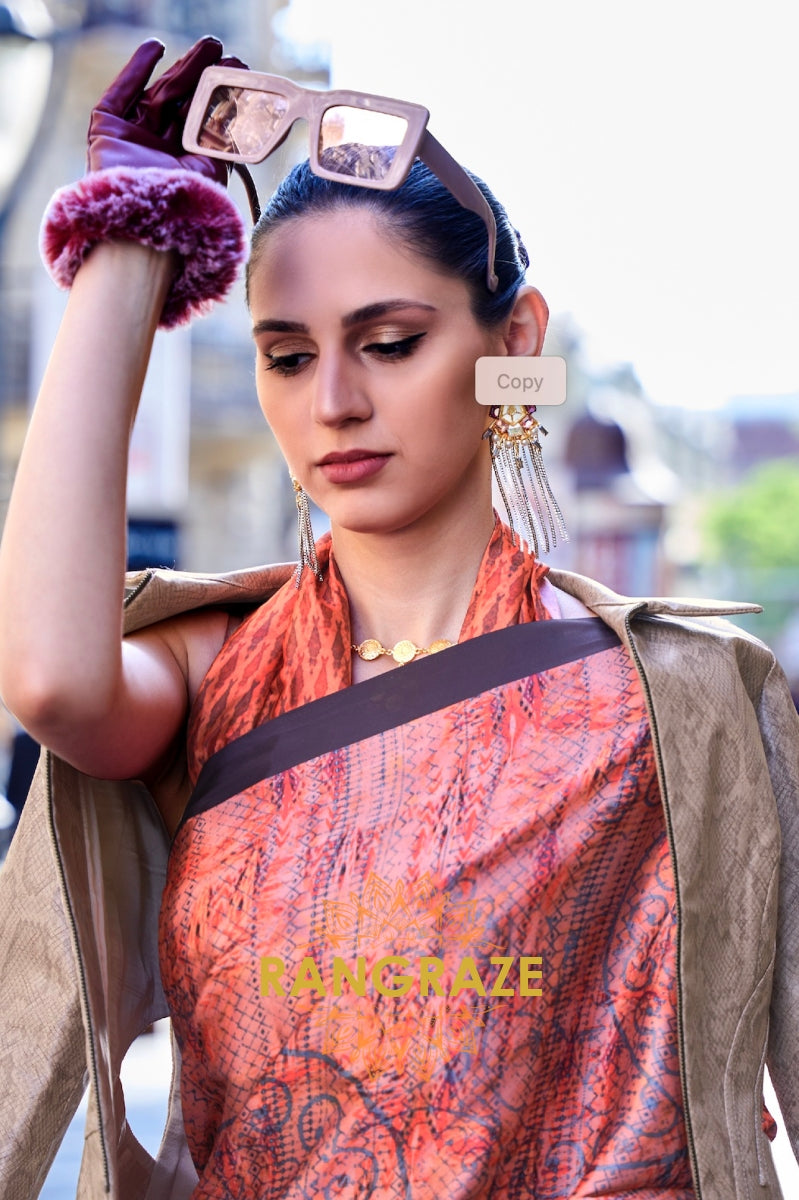 Stunning Peachy Orange Digital Print Satin Soft Silk Saree