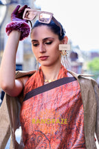 Stunning Peachy Orange Digital Print Satin Soft Silk Saree