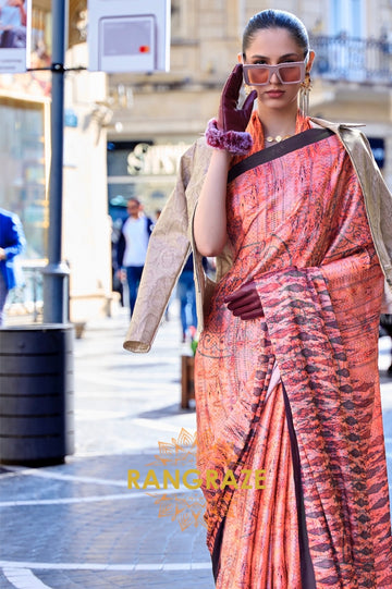 Stunning Peachy Orange Digital Print Satin Soft Silk Saree