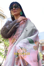Orchid Baby Pink Floral Print Satin Organza Weaving Saree