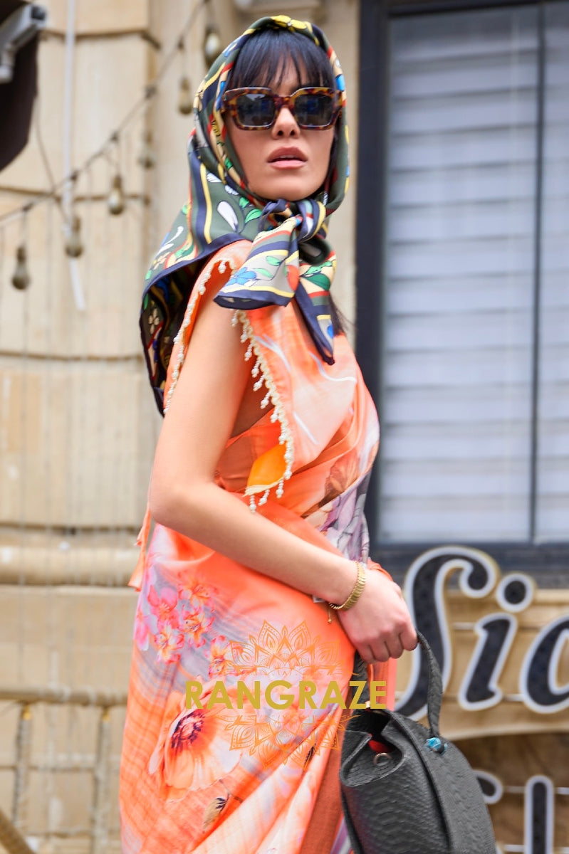 Peachy Orange Floral Pure Gajji Silk Print Handloom Weaving