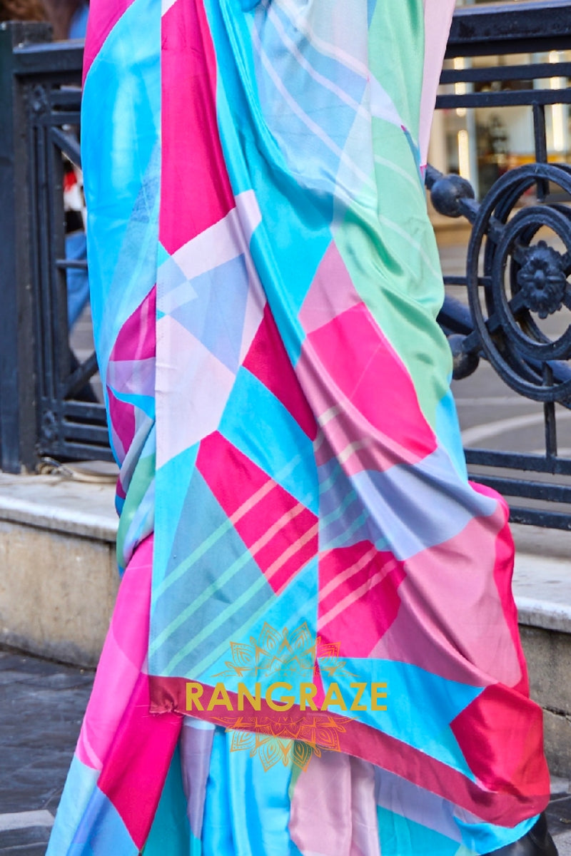 Azure Sky Blue Apex Pure Satin Silk Digital Print Saree