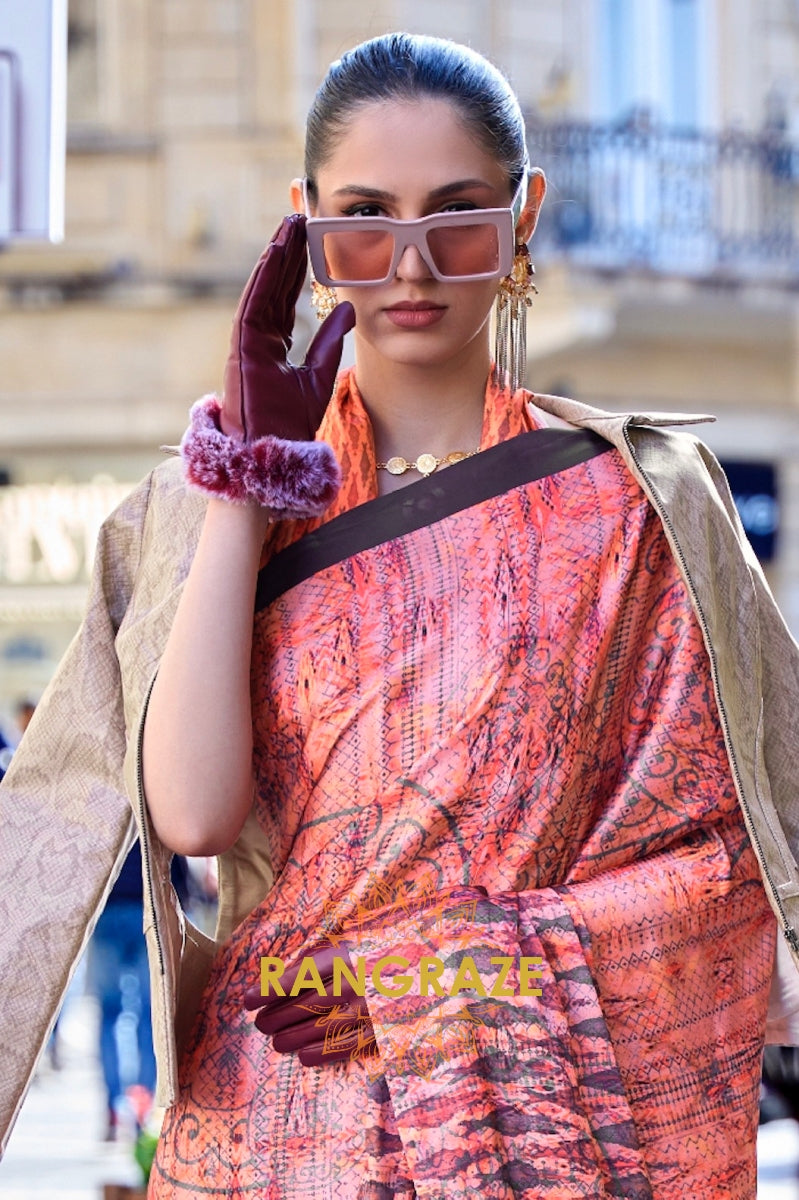 Stunning Peachy Orange Digital Print Satin Soft Silk Saree