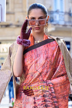 Stunning Peachy Orange Digital Print Satin Soft Silk Saree