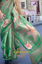 Orchid Green Floral Print Satin Organza Weaving Saree