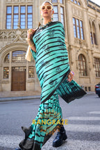 Royal Turquoise Green Satin Silk Printed Saree