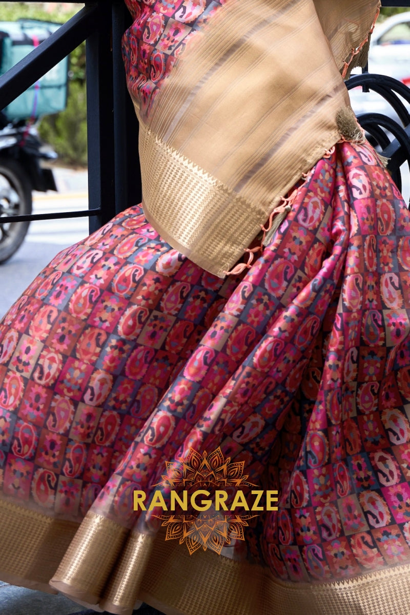 Orchid Garnet Red Floral Print Satin Organza Weaving Saree