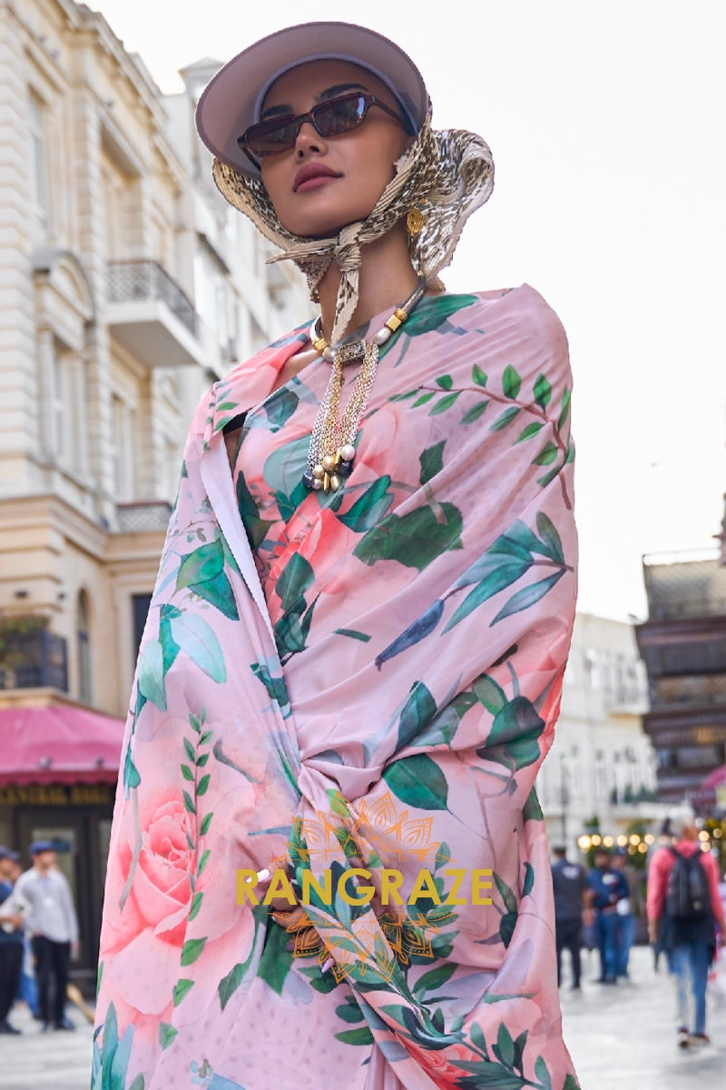 Greenish Pink Apex Pure Satin Silk Digital Print Saree