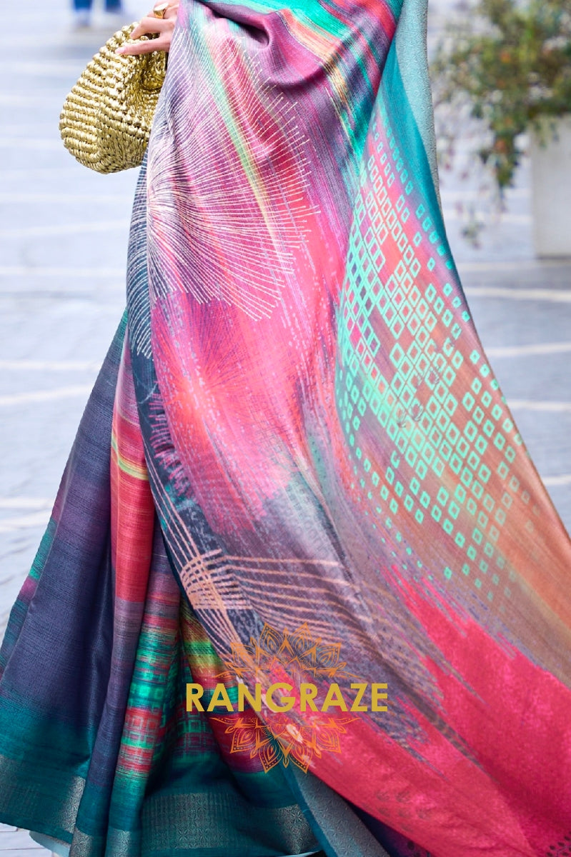 Twilight Black Floral Pure Gajji Silk Print Handloom Weaving
