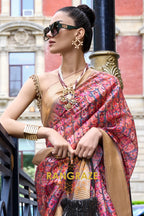 Orchid Garnet Red Floral Print Satin Organza Weaving Saree