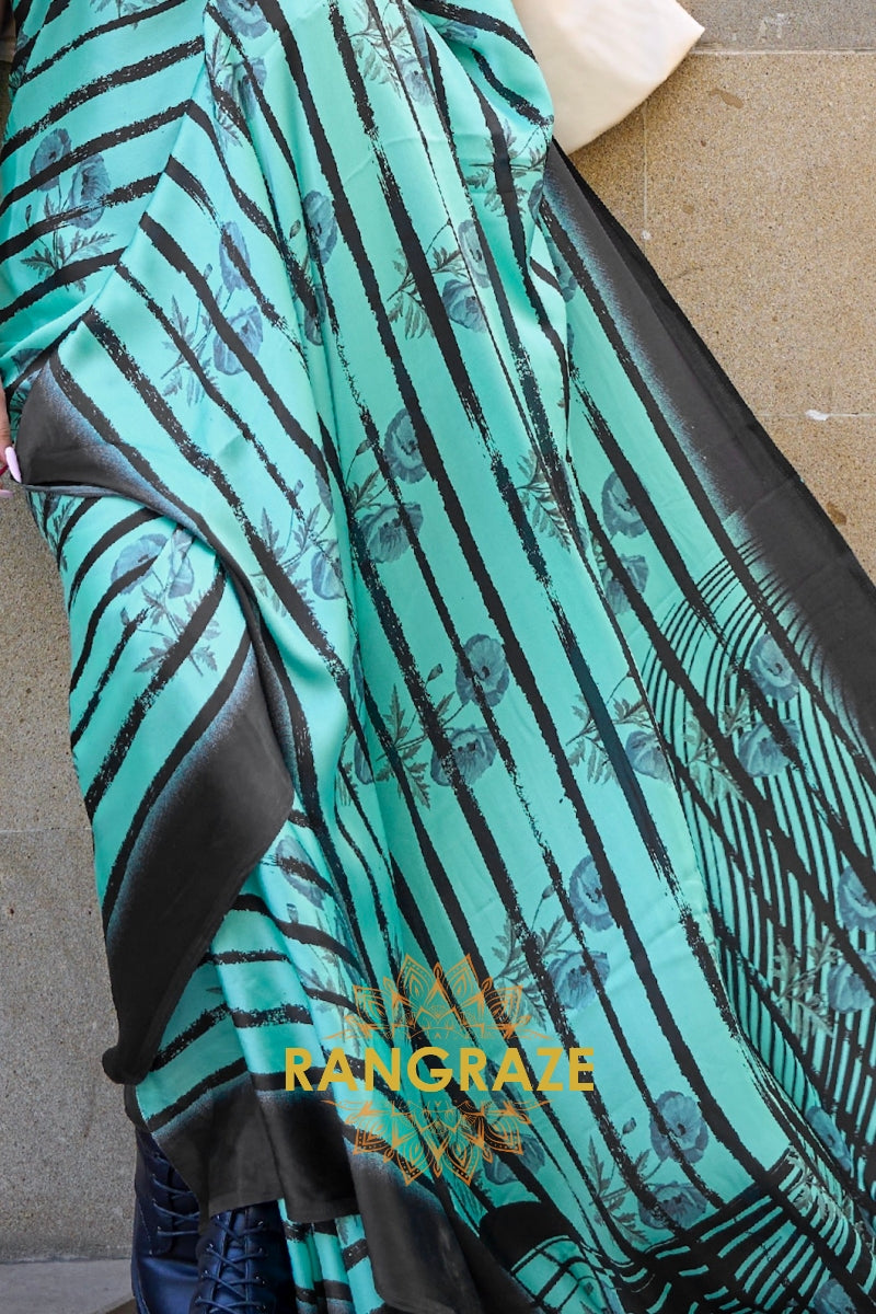 Royal Turquoise Green Satin Silk Printed Saree