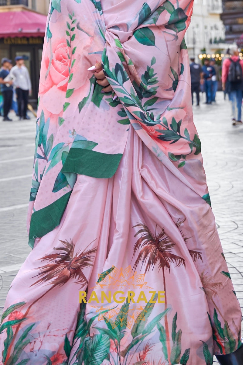 Greenish Pink Apex Pure Satin Silk Digital Print Saree