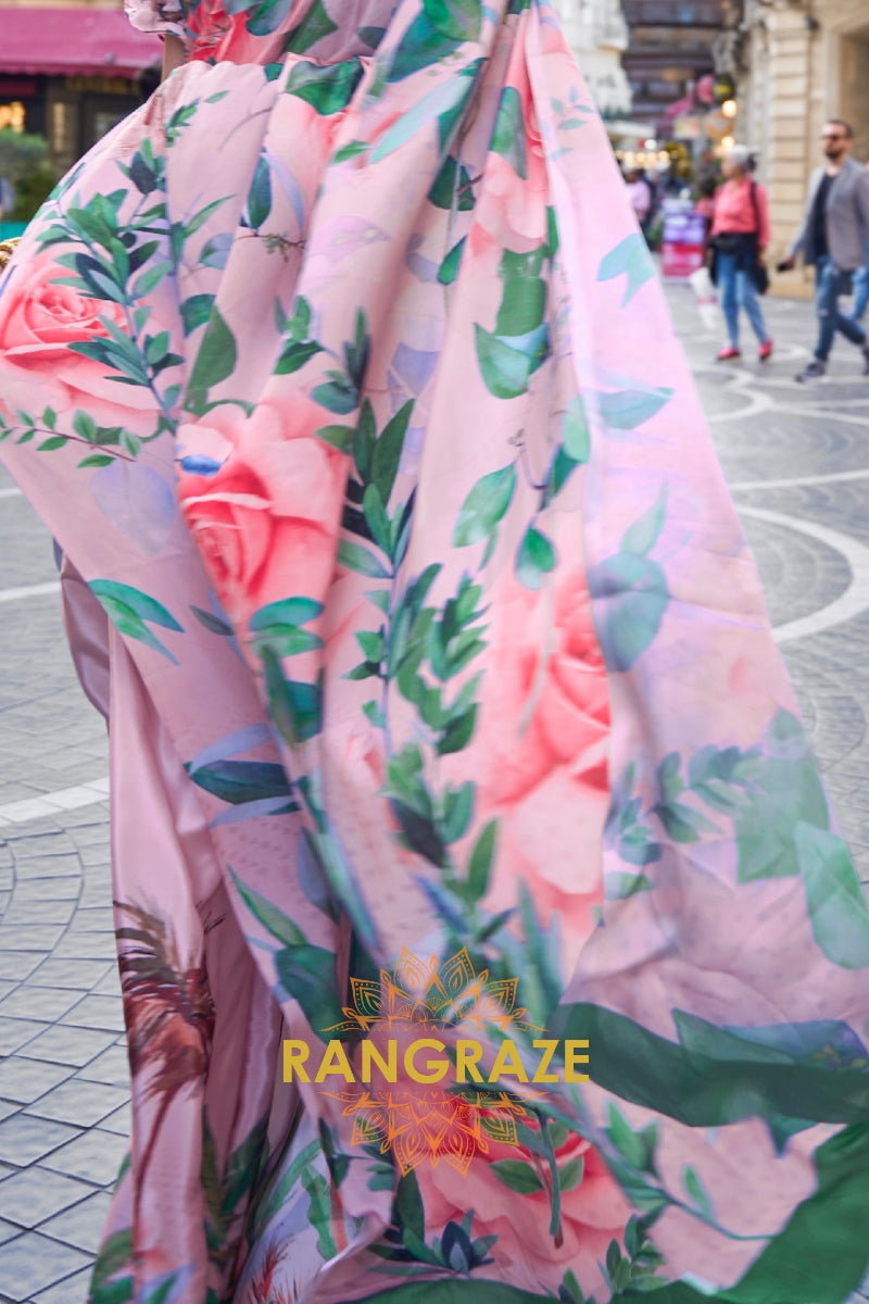 Greenish Pink Apex Pure Satin Silk Digital Print Saree