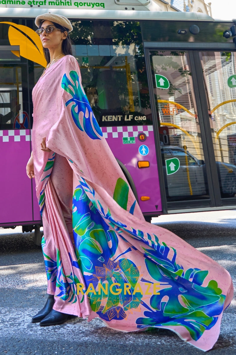 Royal Pink And Blue Satin Silk Printed Saree