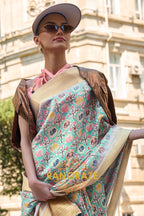 Orchid Sea Green Floral Print Satin Organza Weaving Saree