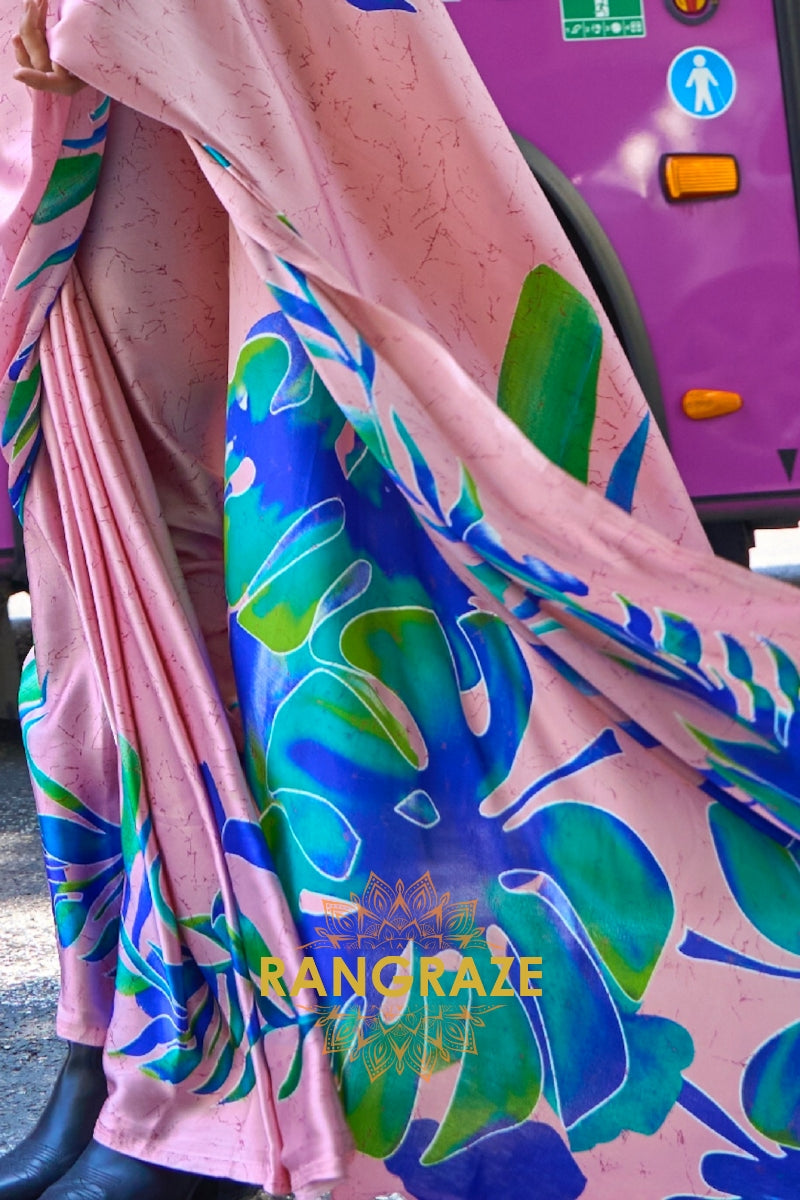 Royal Pink And Blue Satin Silk Printed Saree