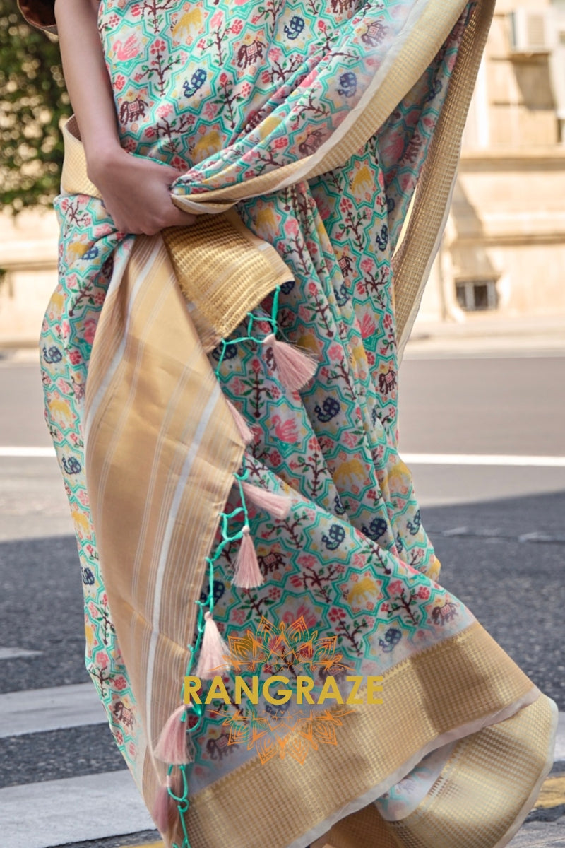 Orchid Sea Green Floral Print Satin Organza Weaving Saree