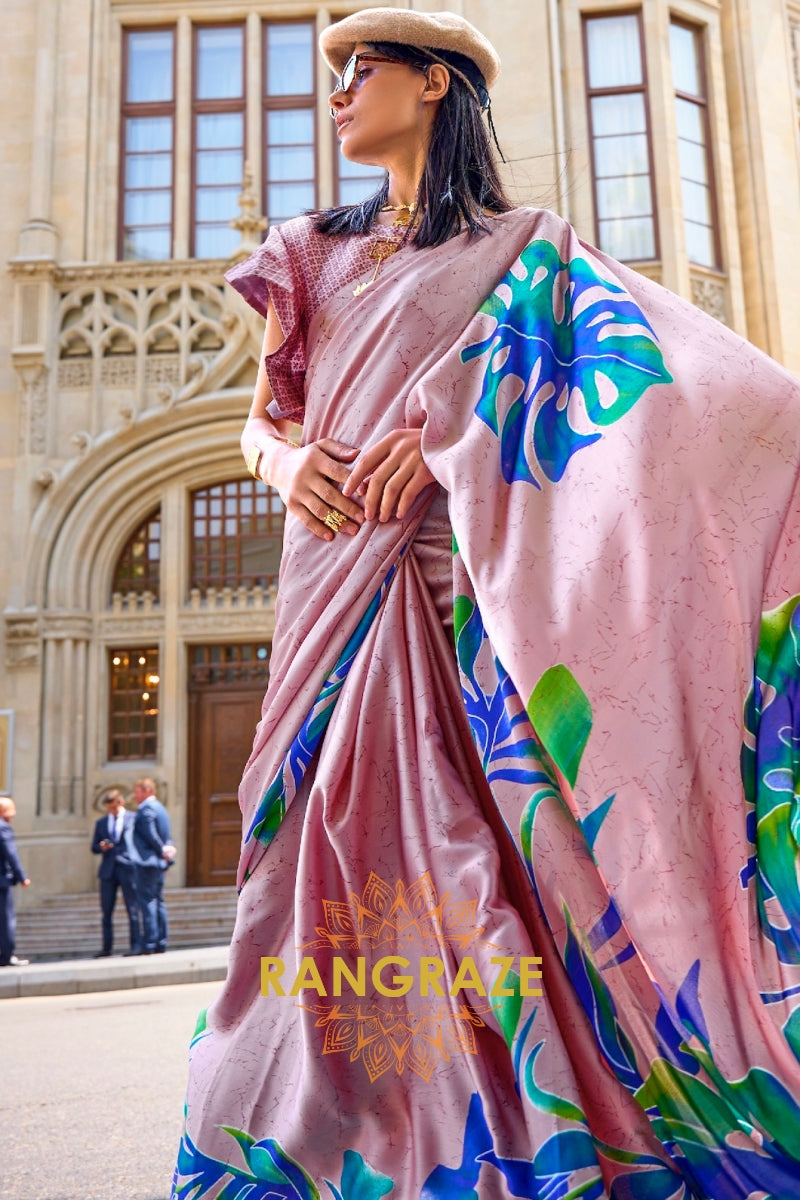 Royal Pink And Blue Satin Silk Printed Saree