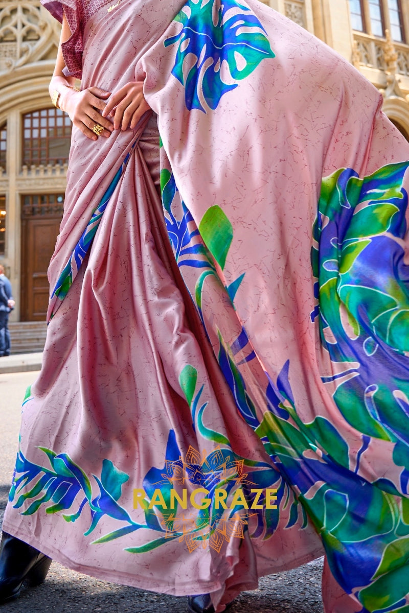 Royal Pink And Blue Satin Silk Printed Saree