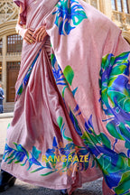 Royal Pink And Blue Satin Silk Printed Saree