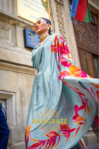 Regal Bluish Grey Satin Silk Floral Printed Saree