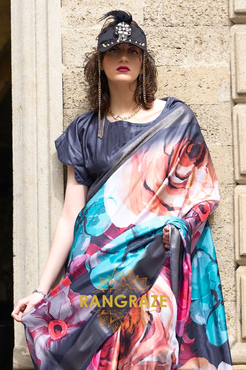 Black Floral Pure Gajji Silk Print Handloom Weaving