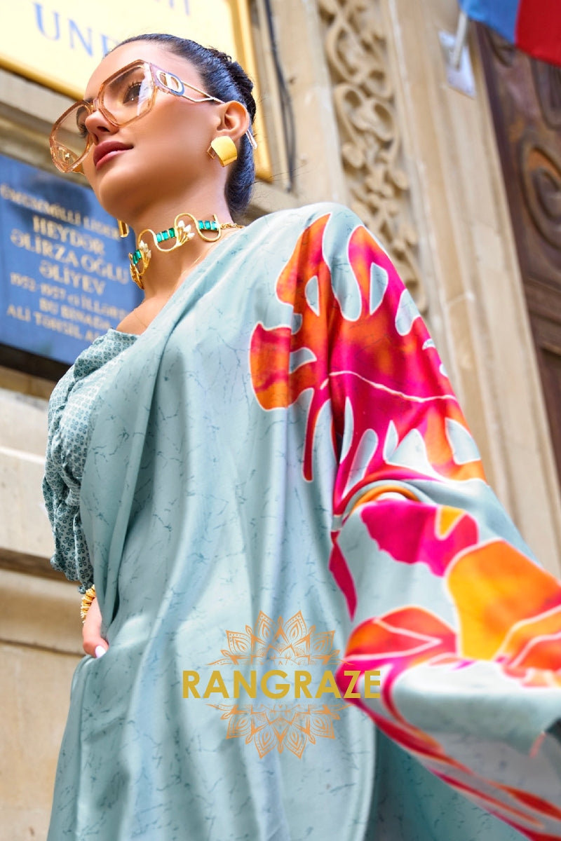 Regal Bluish Grey Satin Silk Floral Printed Saree