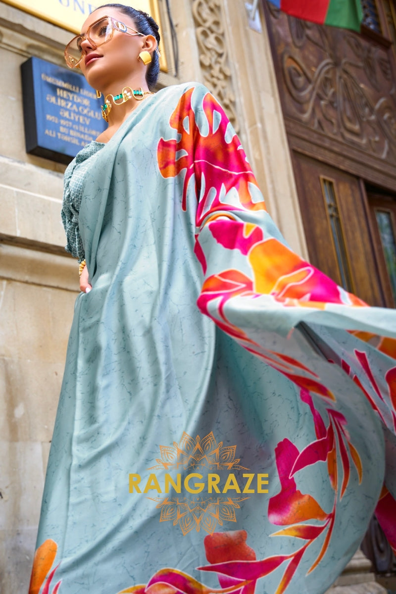 Regal Bluish Grey Satin Silk Floral Printed Saree